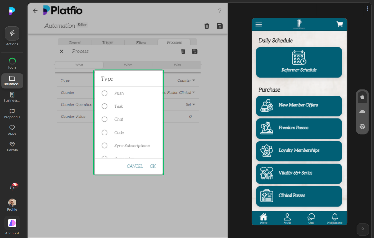 Action type controls