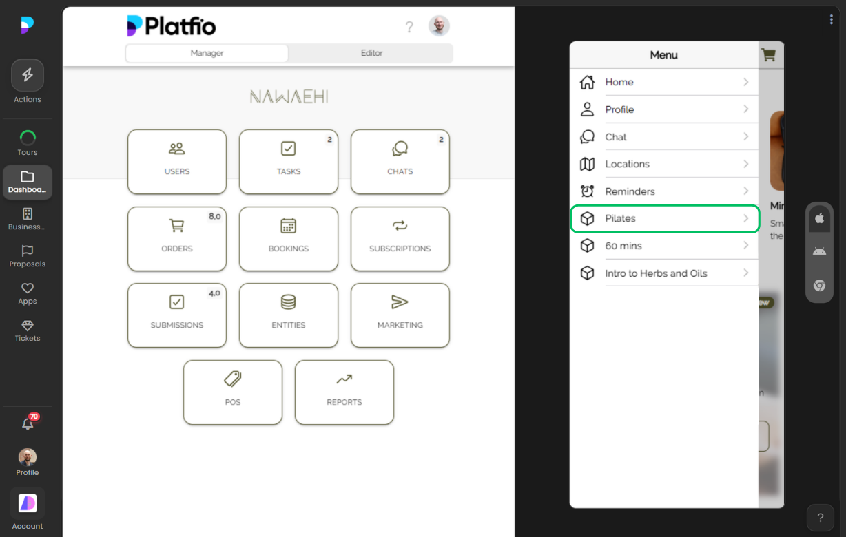 Left-side menu screenshot
