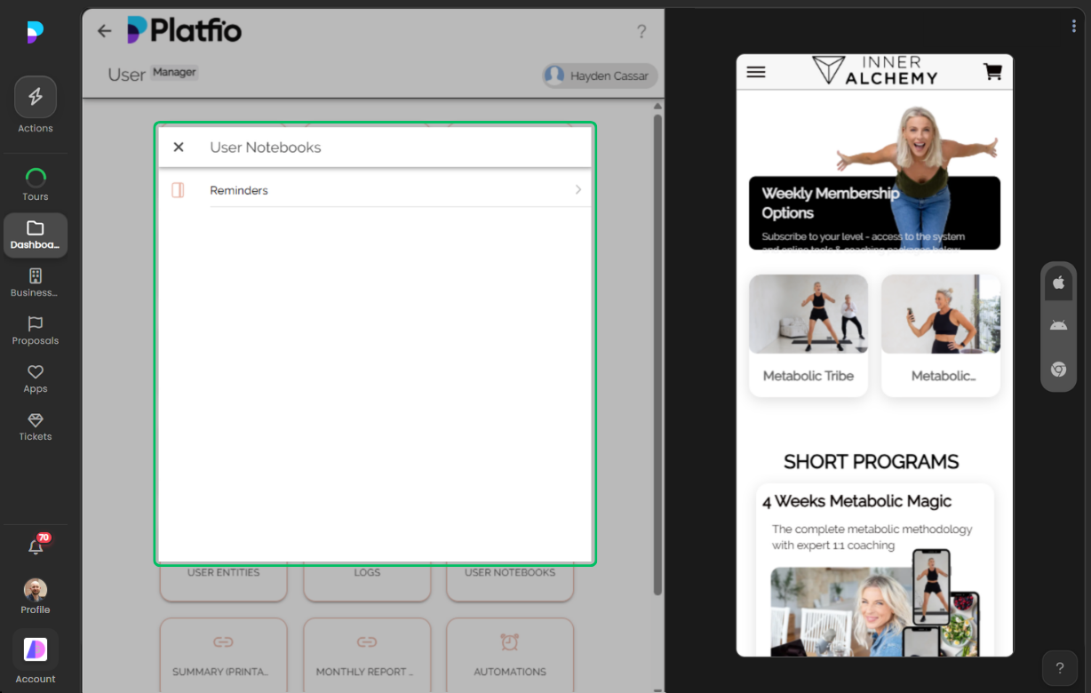 User notebooks screenshot
