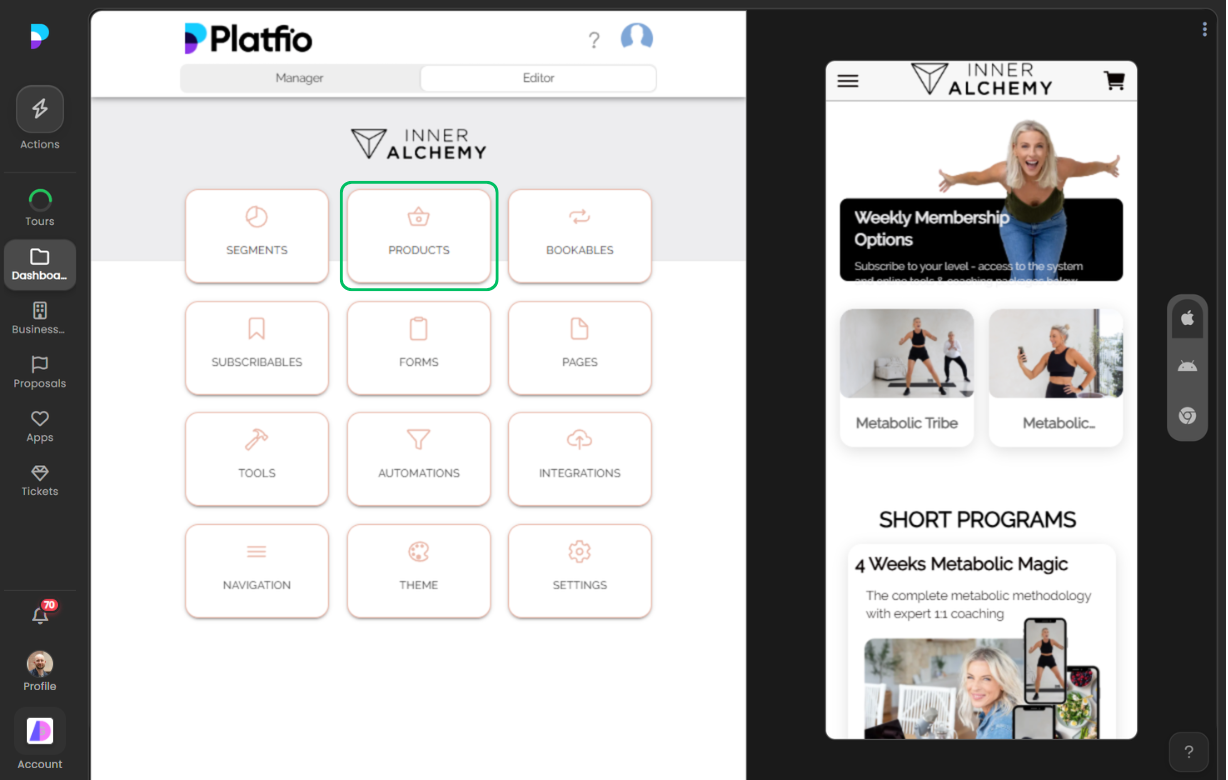 Selecting the Products module in the App Builder editor