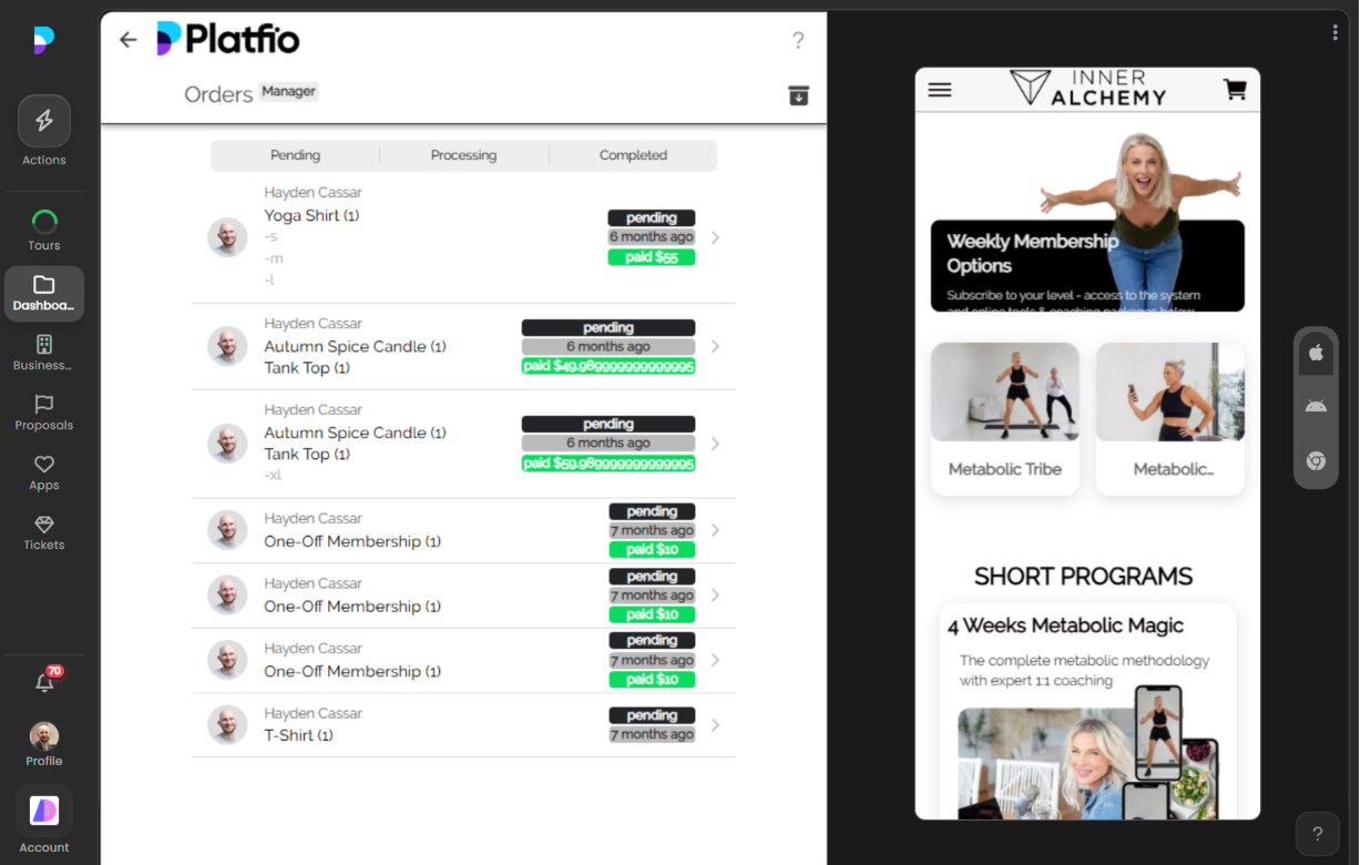 Orders list showing all current orders