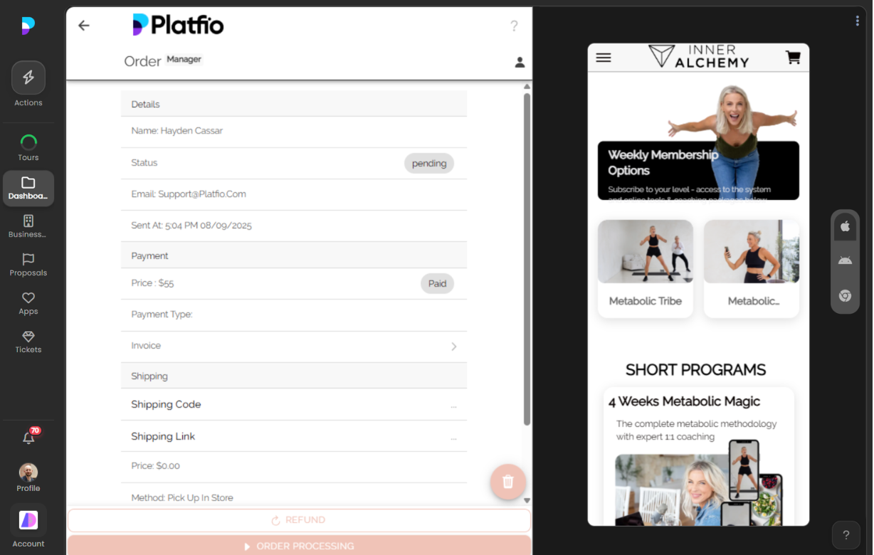 Order detail view with options to process shipping, change status, delete, or archive