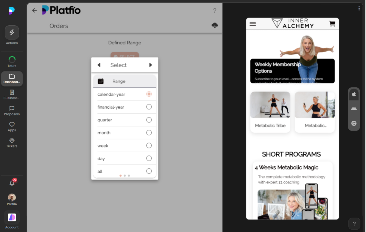 Selecting a date range for the sales report
