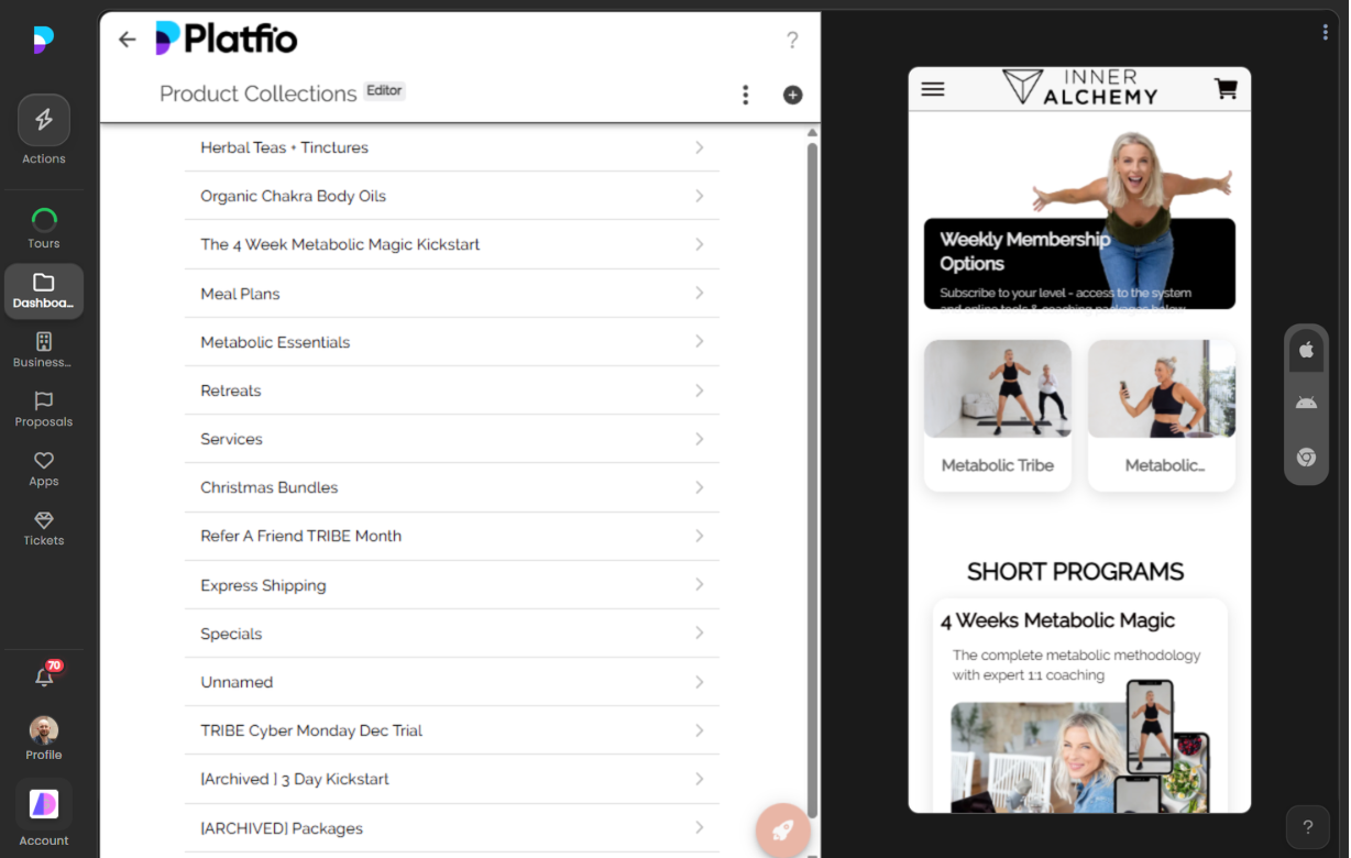 Managing product collections in the editor