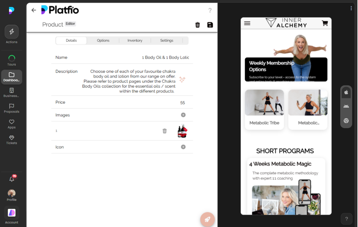 Editing basic product details including name, description, price, and images