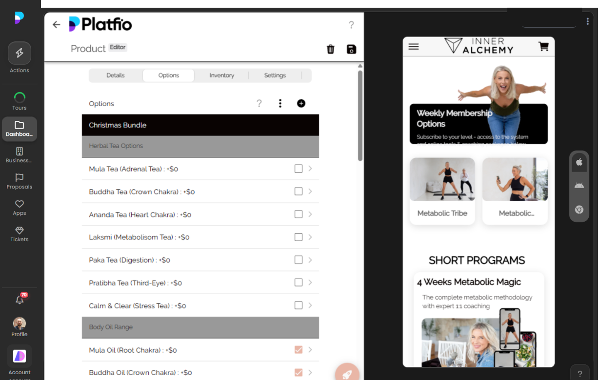 Configuring product options such as sizes and colours