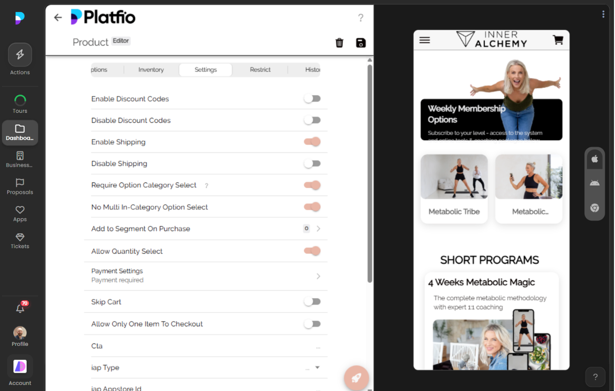 Product settings and behaviour controls