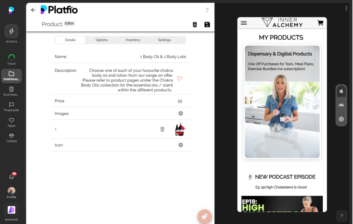 Emulator showing app pages that flow into the products section