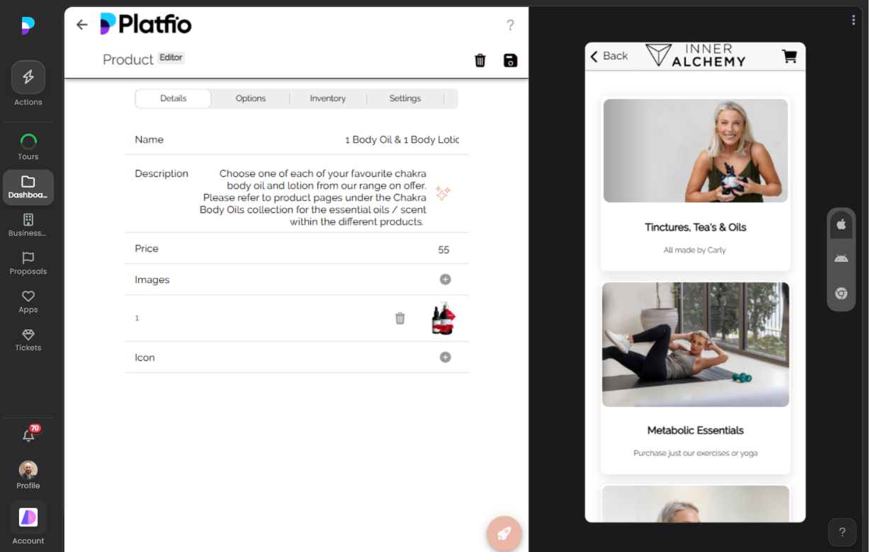 Emulator displaying product collections in the customer-facing app