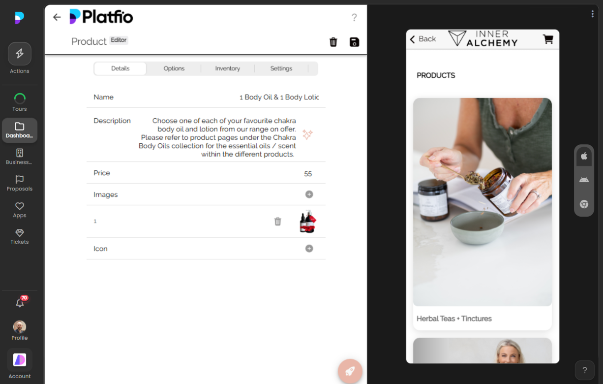 Emulator showing the product list within a collection
