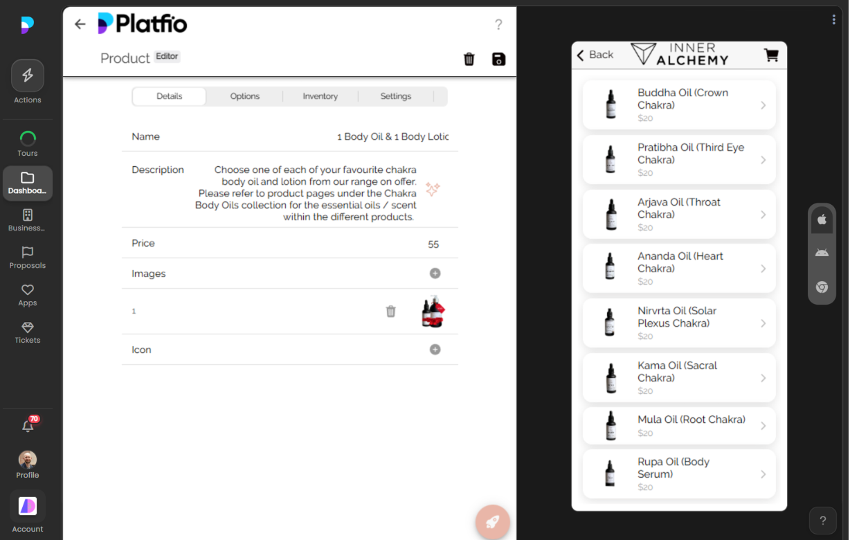 Emulator showing an individual product detail page