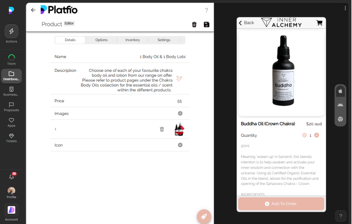 Emulator showing the add-to-cart interaction