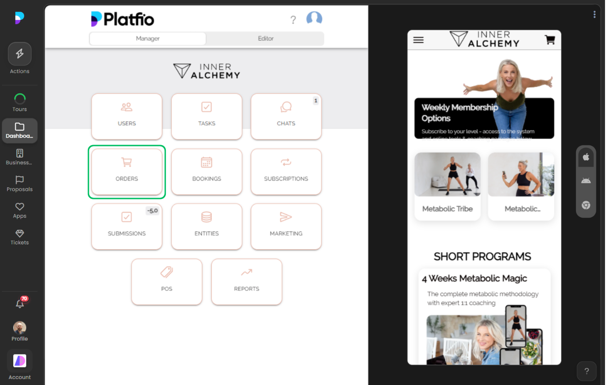 Manager view with Orders selected from the menu