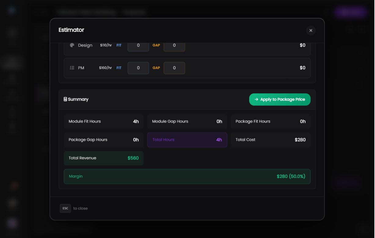 Gap effort estimates translated into pricing for the proposal