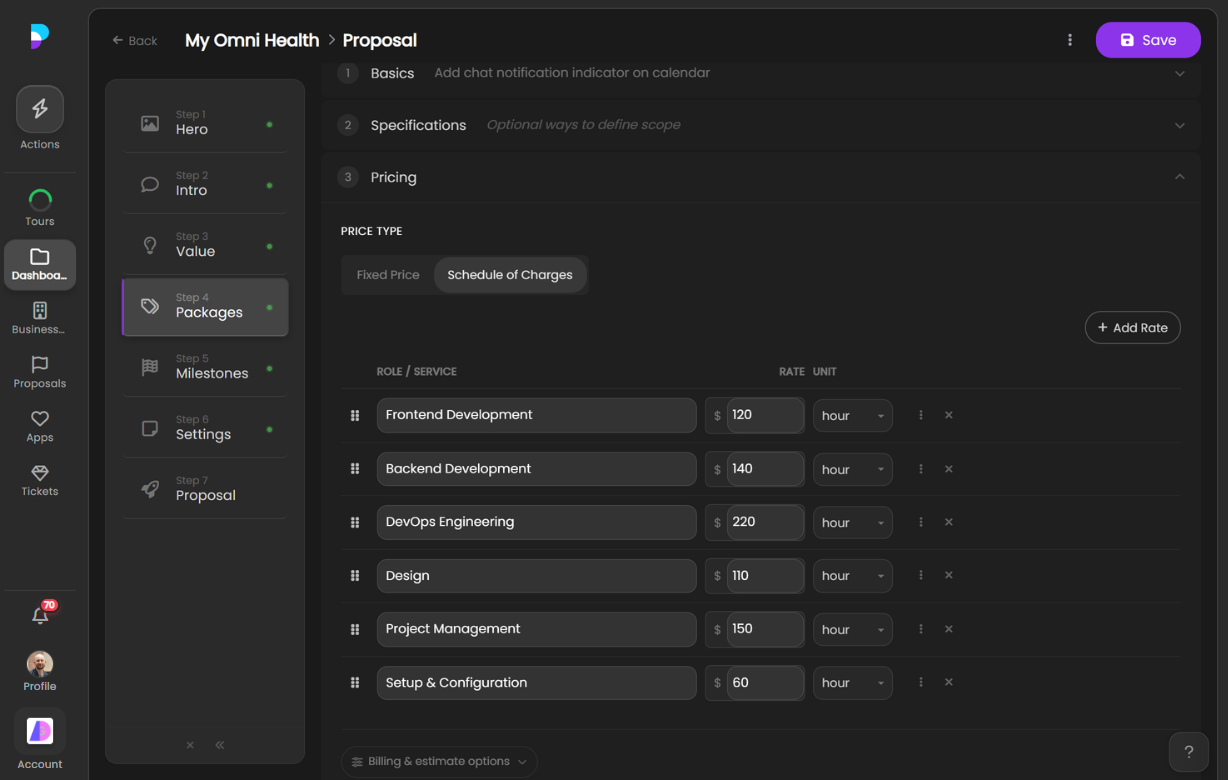 Package Pricing — Schedule of Charges