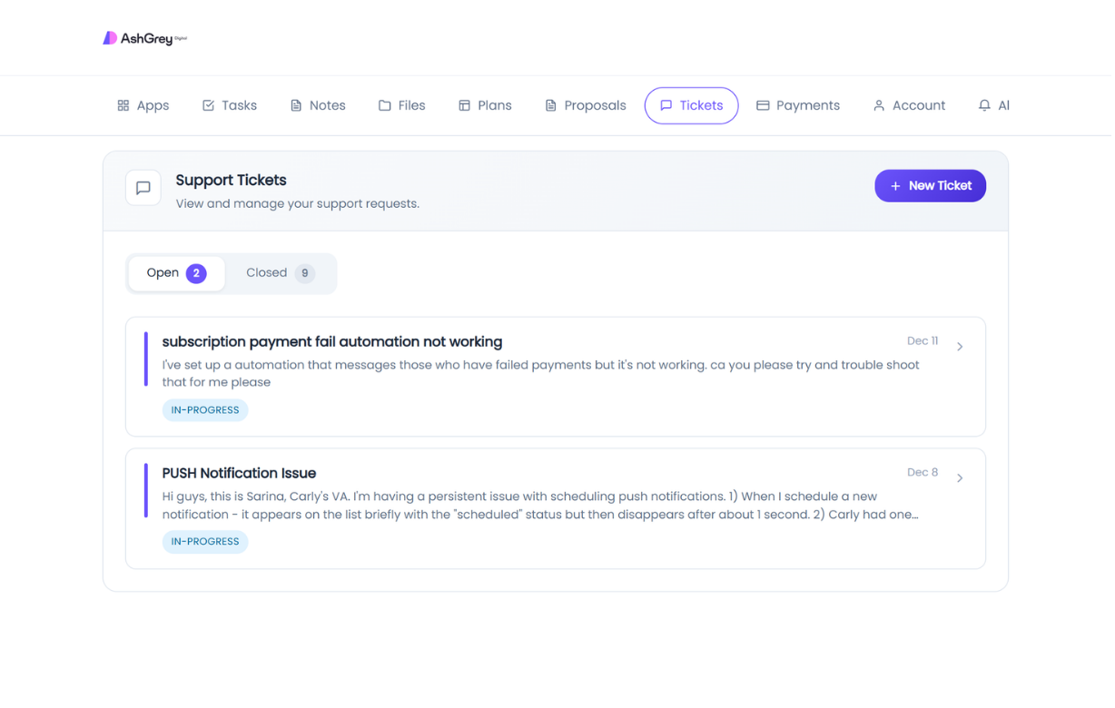 Client Portal — Ticket List
