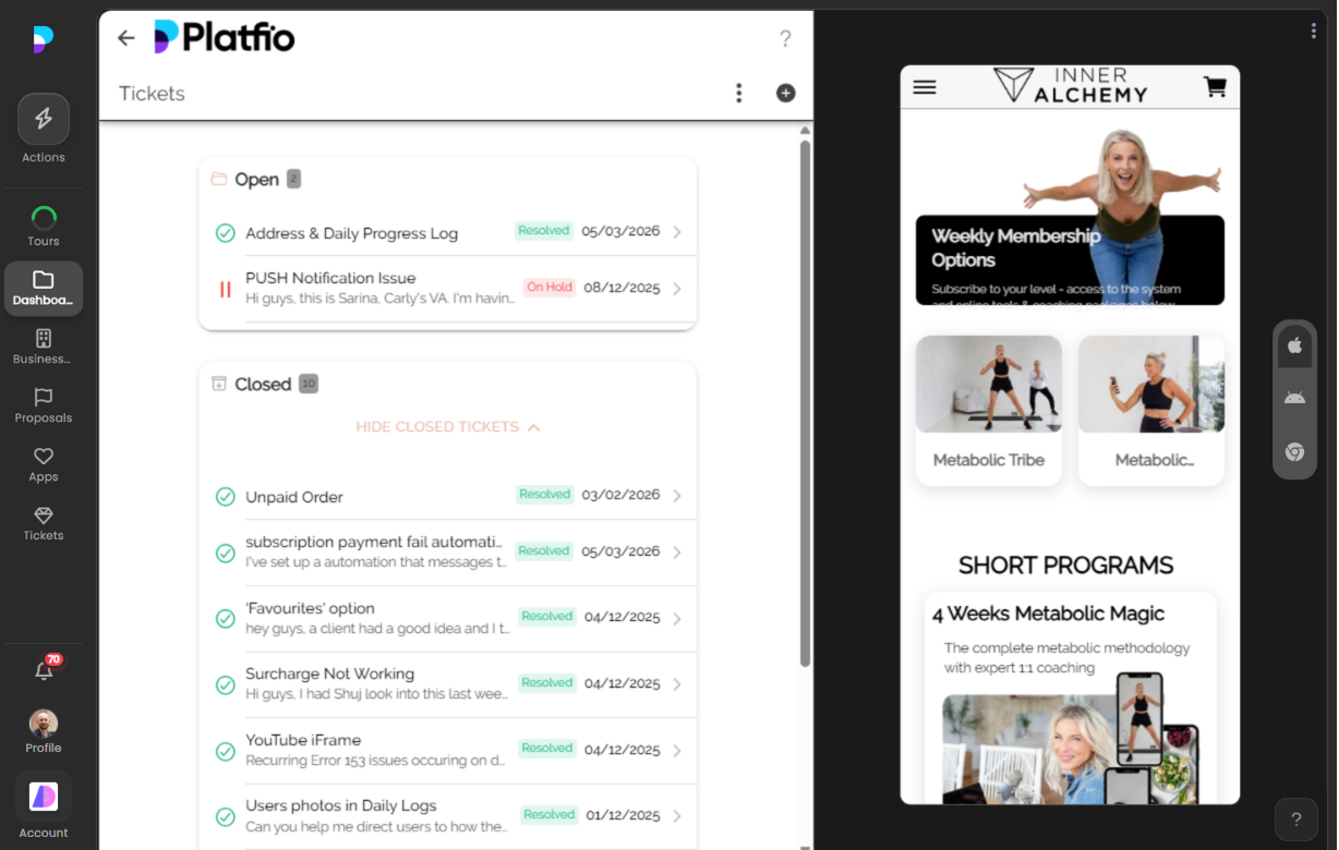 Platfio Support — in-app ticketing system