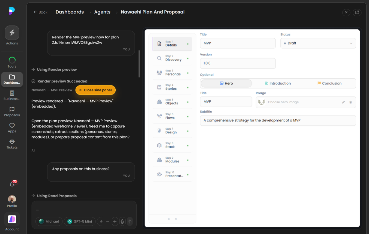 Platfio Funnel Builder with AI chat open on the left