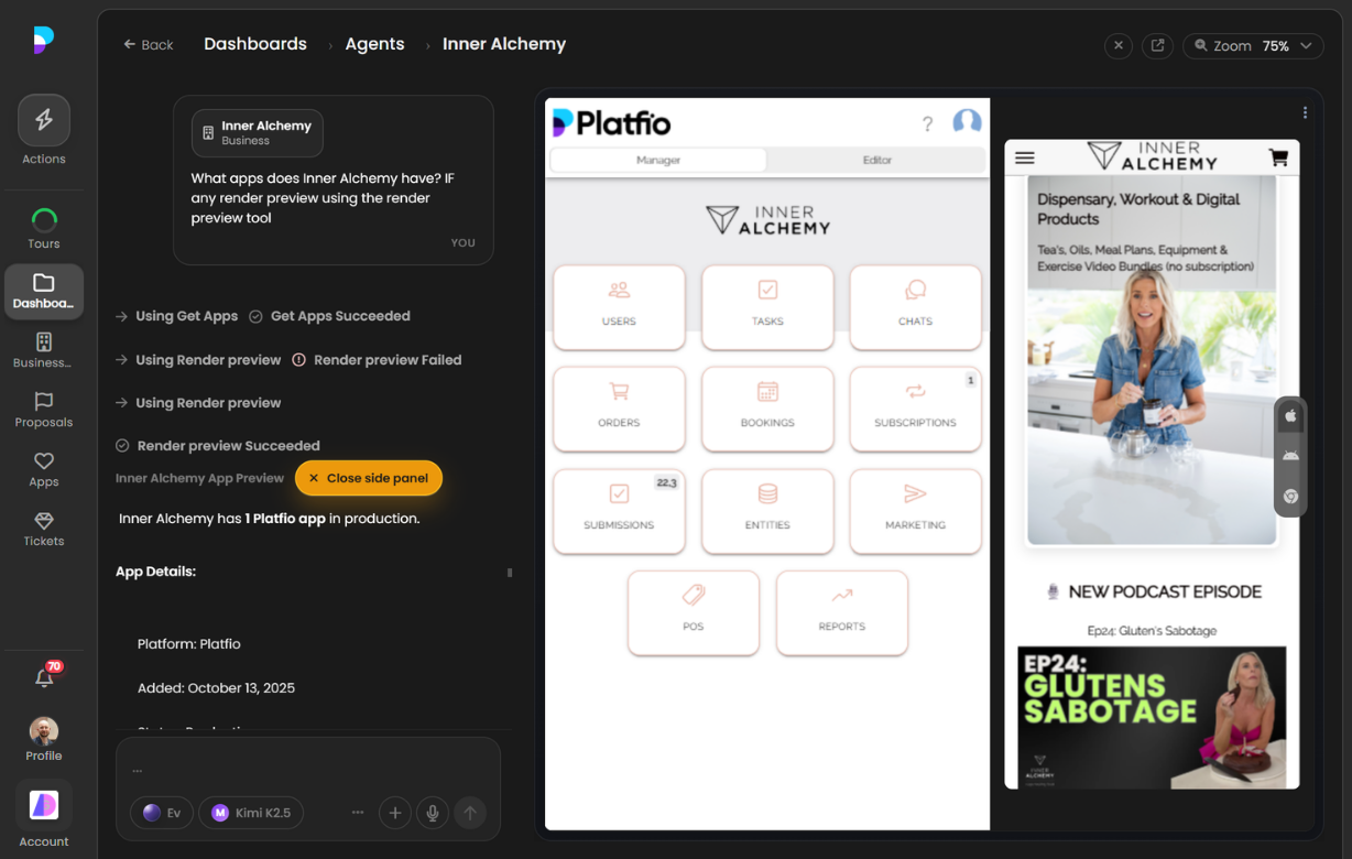 Platfio App Builder showing the Inner Alchemy app with AI chat open on the left