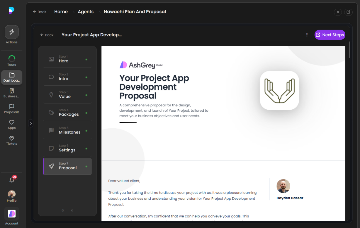 Platfio Proposal Builder with the AI chat collapsed