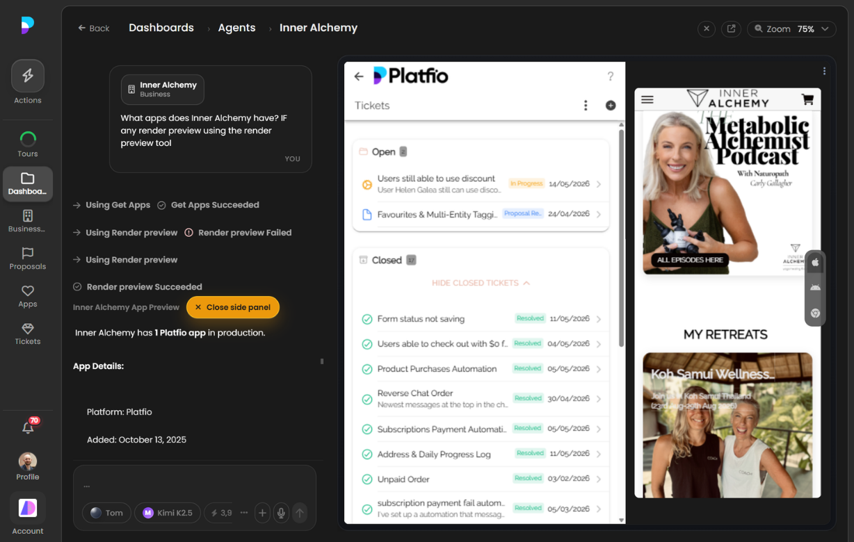 Platfio Support ticket inbox with AI chat open on the left