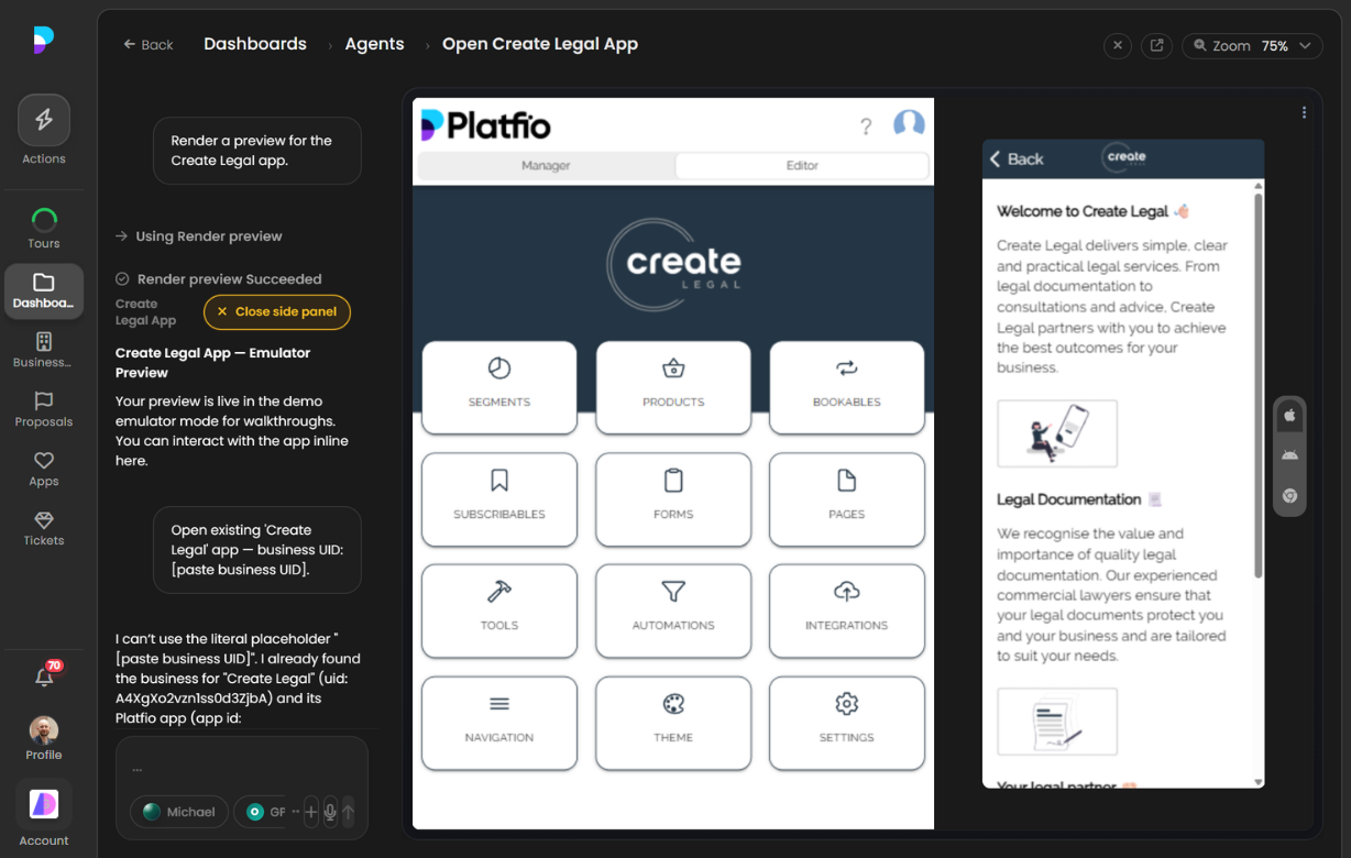 Platfio App Builder showing the CreateLegal app with AI chat open on the left