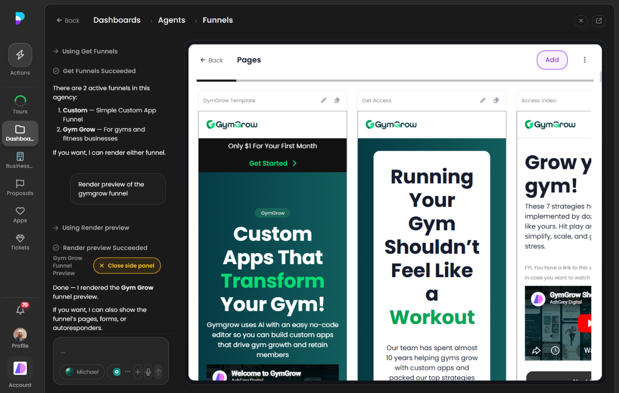 Platfio Funnel Builder with AI chat open on the left