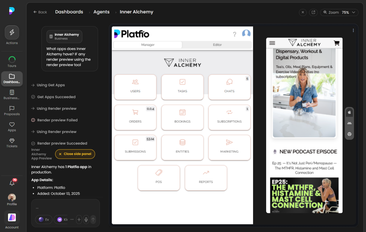 Platfio App Builder showing the Inner Alchemy app with AI chat open on the left