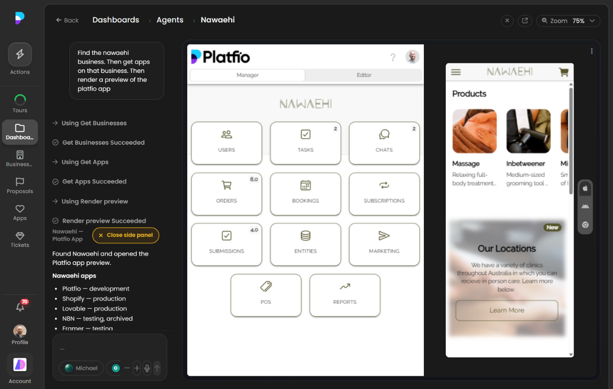 Platfio App Builder showing the Nawaehi app with AI chat open on the left