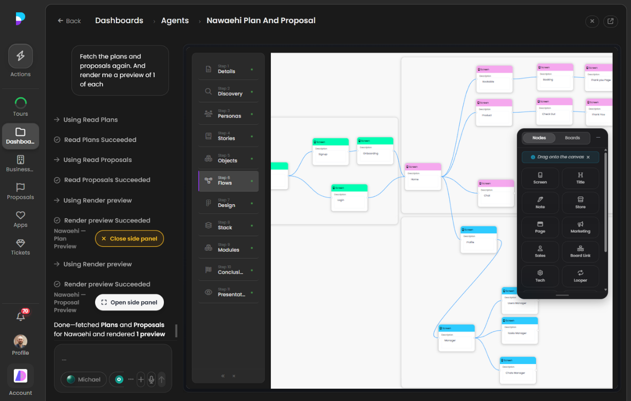 Platfio Plan Builder with AI chat open on the left