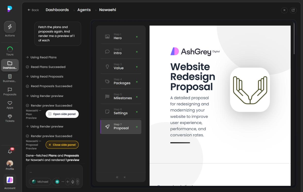 Platfio Proposal Builder with AI chat open on the left