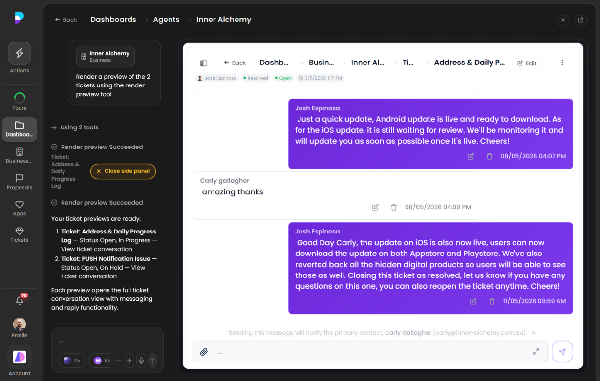 Platfio Support ticket inbox with AI chat open on the left