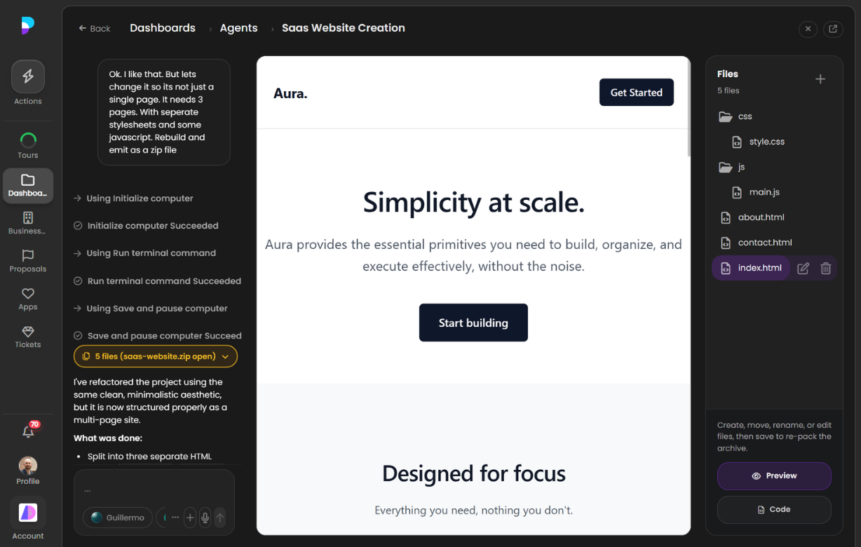 Platfio Website Builder with AI chat open on the left